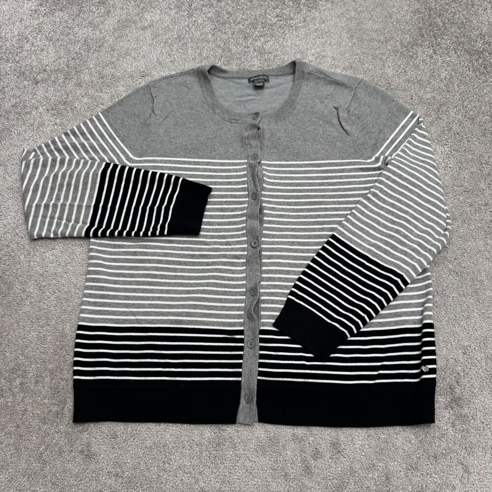 Eddie Bauer Button Front Knit Cardigan Sweater Womens 2XL Gray Striped Stretch